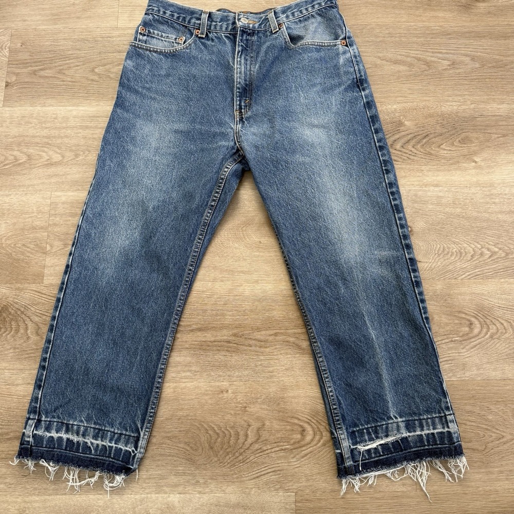 Vintage Y2K Levis 505 Distressed Cutoff Raw Hem Jeans Tag 34x30 Fits 32x26 Blue